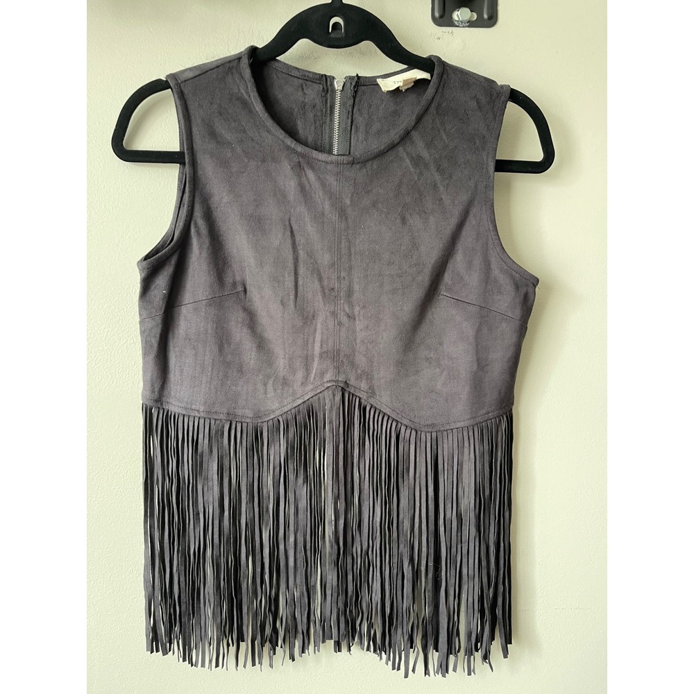 Freeway Womens Faux Suede Fringe Crop top Charcoal Grey Western Boho 40413 M